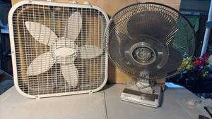 lot 3380 image: Lasko Box Fan and Gray Oscillating Pedestal Fan