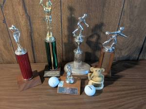 lot 3 image: Lot of 6 Sports Trophies with Figurines and Golf Balls