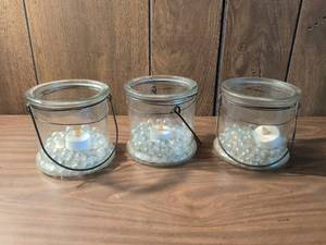 lot 25 image: 3 Glass Candle Holders with Wire Handles and Beads, 4 inches