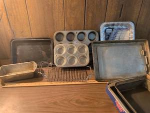 lot 45 image: Baking Pan Lot 12-Cup Muffin Tins Rectangle Sheet Pans Cooling Rack