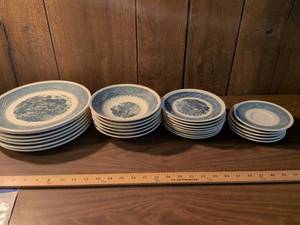 lot 56 image: Blue and White Transferware Plates 26- Piece Set Multiple Sizes Some do have chips