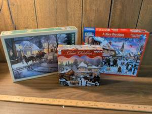 lot 62 image: Lot of 3 Holiday Jigsaw Puzzles 1000 Piece Classic Christmas White Mountain Nice Dusting
