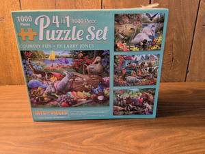 lot 75 image: Bits and Pieces 4 in 1 1000 Piece Puzzle Set Country Fun by Larry Jones