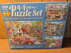 lot 76 image: Bits and Pieces 4 in 1 1000 Piece Puzzle Set Glorious Gardens by Mary Thompson
