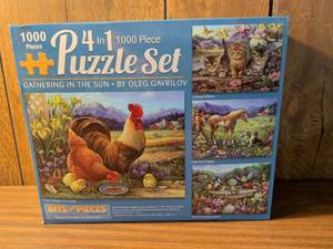 lot 79 image: Bits and Pieces 4 in 1 1000 Piece Puzzle Set Gathering in the Sun by Oleg Gavrilov