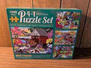 lot 82 image: Bits and Pieces 4 in 1 1000 Piece Puzzle Set Rustic Gardens by Nancy Wernersbach