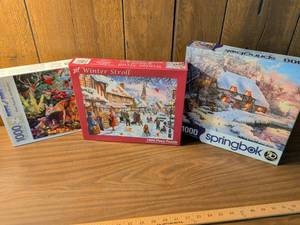 lot 83 image: Lot of 3 Puzzles Winter Stroll 1000pc, Springbok 1000pc, Bits and Pieces 1000pc