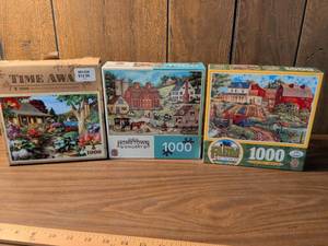 lot 86 image: Lot of 3 Jigsaw Puzzles 1000 Piece Time Away, Hometown Gallery, Farm Country