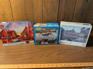 lot 87 image: 3 Jigsaw Puzzles 1000 Piece Lot Huadada Charles Wysocki Romantic Town