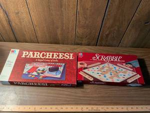 lot 100 image: MB Milton Bradley Parcheesi and Scrabble Board Games Lot