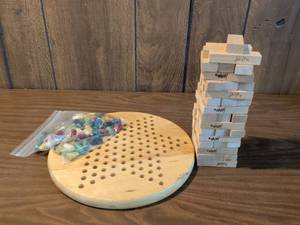 lot 103 image: Jenga Wood Block Stacking Game with Circular Board and Colored Pegs