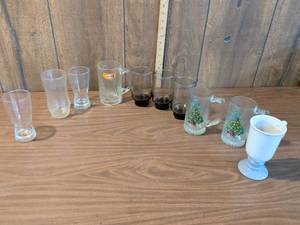 lot 125 image: Assorted Glassware Lot 11 Pieces A&W Mug Christmas Mugs Pilsner Glasses