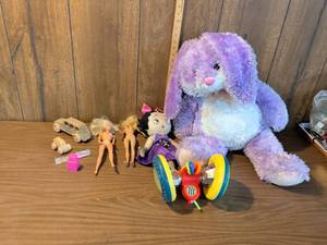 lot 133 image: Toy Lot Plush Bunny Dolls Wooden Vehicles Rolling Toy