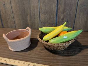 lot 159 image: Decorative Ceramic faux Fruit and Vegetable Set with Basket and Bowl