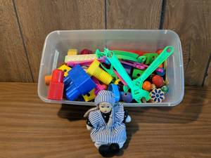 lot 160 image: Mixed Lot Childrens Toys Plastic Building Pieces Beads Doll Horse Figure