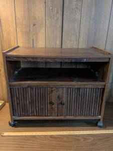 lot 197 image: Wood Cabinet with Vertical Slat Doors, Open Shelf and Casters