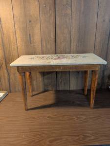 lot 203 image: Upholstered Bench with Embroidered Floral Seat