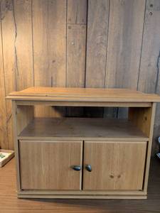 lot 204 image: Wood TV Stand Cabinet with 2 Doors and Open Shelves
