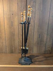 lot 210 image: Fireplace Tool Set 4-Piece with Wood Handles and Metal Base