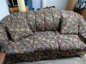 lot 223 image: Upholstered Sofa with Floral Pattern and Rolled Arms