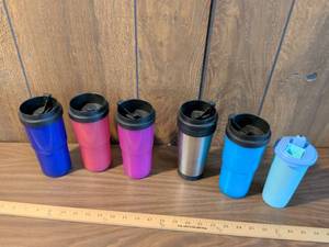 lot 255 image: 6 Assorted Travel Mugs with Lids Blue Pink Magenta Stainless Steel
