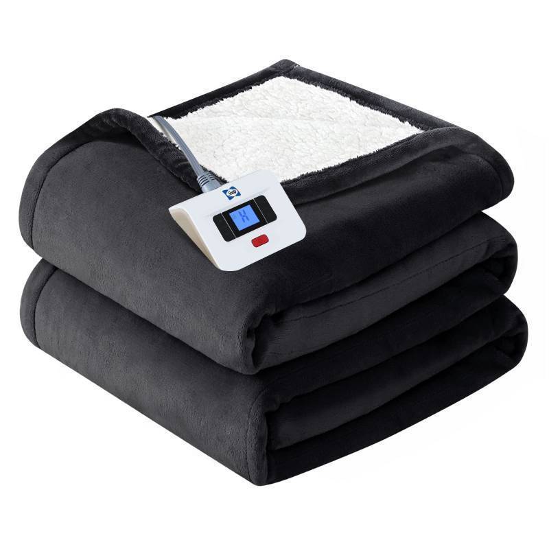 lot 19864 image: Sealy Heated Electric Blanket Full Size, Flannel & Sherpa Heating Blanket with with 10 Heating Levels & 1-12 Hours Auto Shut Off, Fast Heating Blanket, Machine Washable, Grey, 80 x 84 Inch - Retail $90