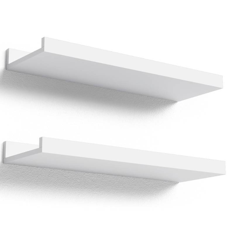 lot 26108 image: Boswillon Floating Shelves Wall Mounted Set of 2, Modern White Shelves for Bedroom, Nursery Shelves with Lip, Display Picture Ledge Shelf for Wall Decor Living Room Bathroom Kitchen - White - Retail $16