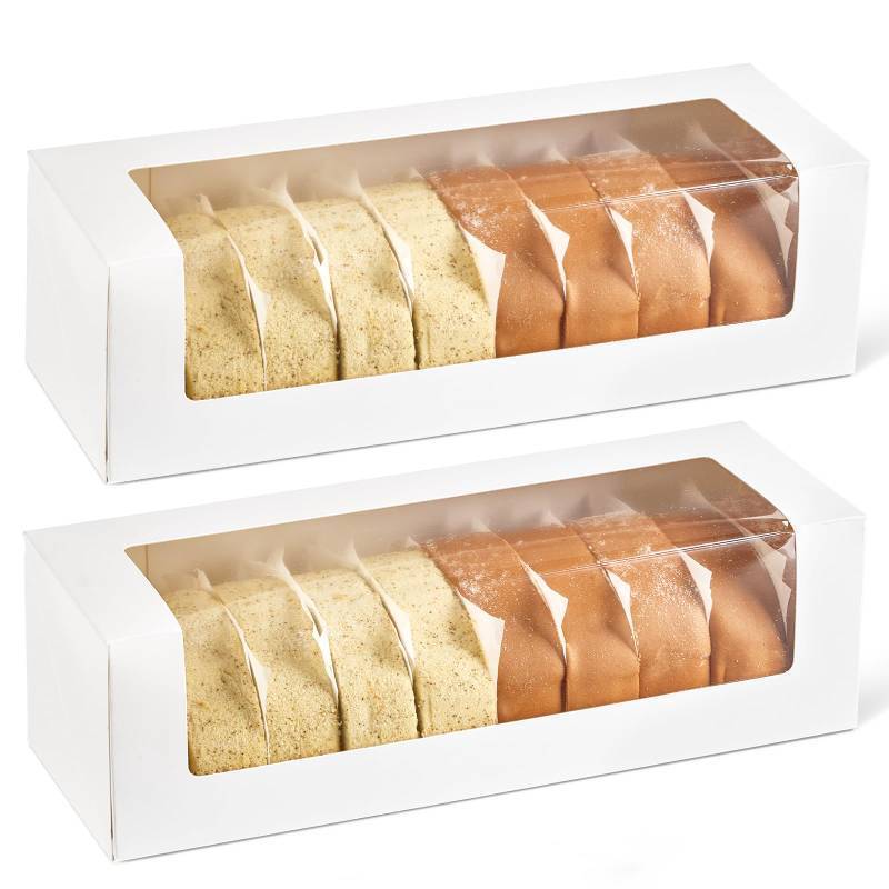 lot 26150 image: Ocmoiy Roll Cake Boxes 12x4x3.5 Inches, 24 Pack Auto-Popup Rectangle White Bakery Pastry Boxes with Window for Packaging Pumpkin Rolls, Cinnamon Rolls, Banana Bread, Loaf - Retail $17