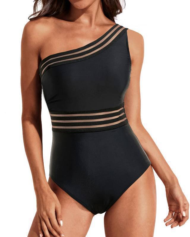 lot 26177 image: Tempt Me Women One Shoulder One Piece Swimsuits Tummy Control Bathing Suits Mesh Swimwear Black Large - Retail $34