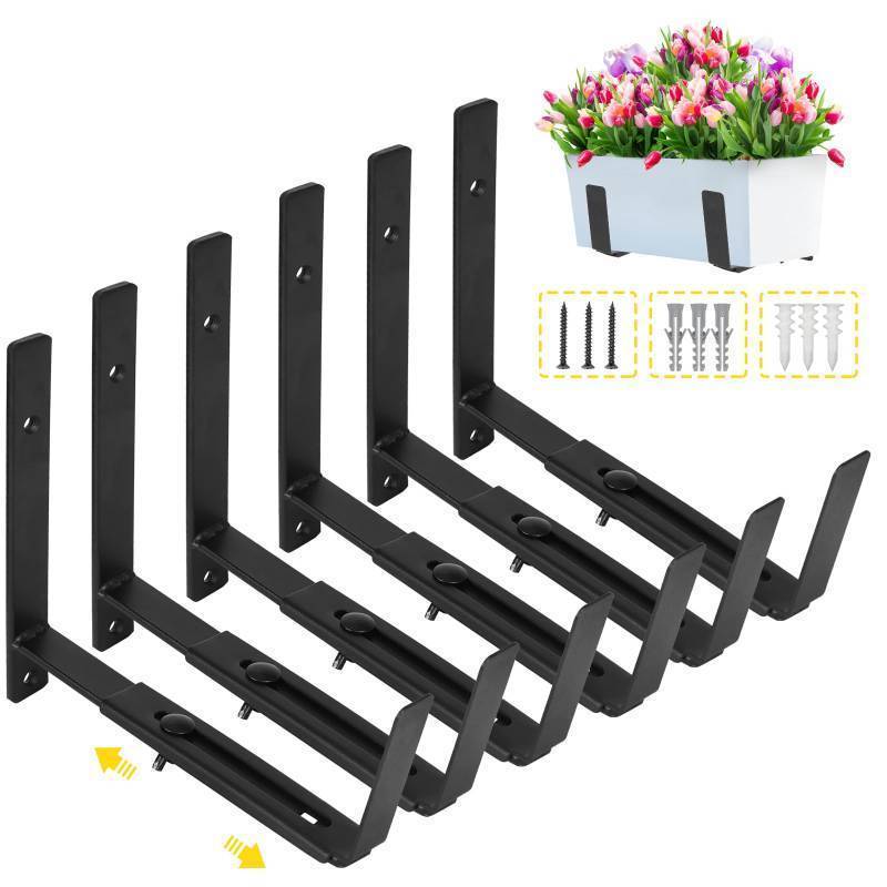 lot 42732 image: LukLoy Window Planter Box Brackets, 6 Pack Adjustable Heavy Duty Wall Mount Window Flower Boxes Outdoor with Bracket (6 to 12 in), with 70lbs Capacity, Black - Retail $35