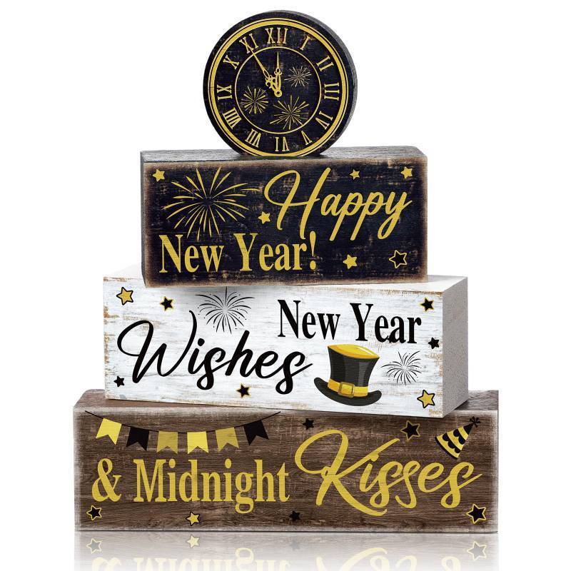 lot 1319 image: Moucuny 4 Pcs New Year Table Decoration Eve Party Supplies 2026 Gold Black Tiered Tray Decor Happy New Year Centerpiece Rustic Decorative Clock Block Signs Gift for Home Eve Party Decoration - Retail $52