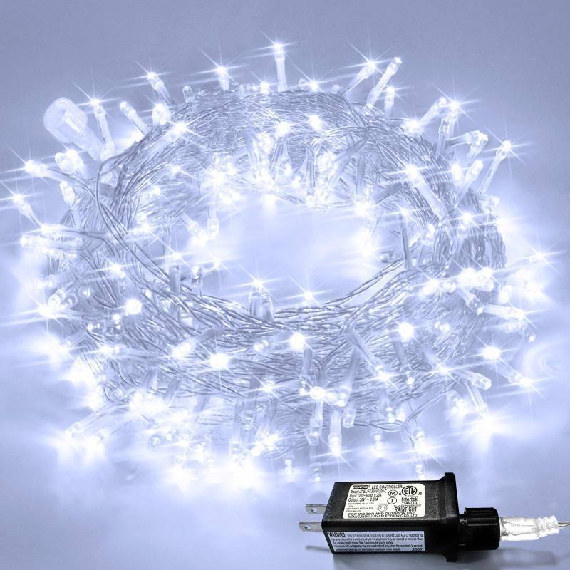 lot 13303 image: JMEXSUSS 33ft 100 LED White Christmas Lights, 8 Modes Connectable Clear Wire Twinkle Fairy String Lights Indoor, Plug-in Christmas String Lights Outdoor Waterproof for Christmas Wedding Party Tree - Retail $17