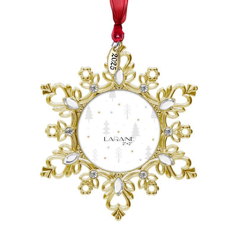 lot 13341 image: Laraine Christmas Tree Ornaments Decorative Hanging 2025 Holiday Keepsake Gift Snowflake Pendant with 2 Photo Frame Insert for Picture of Pet (Snowflake Gold (2025)) - Retail $15