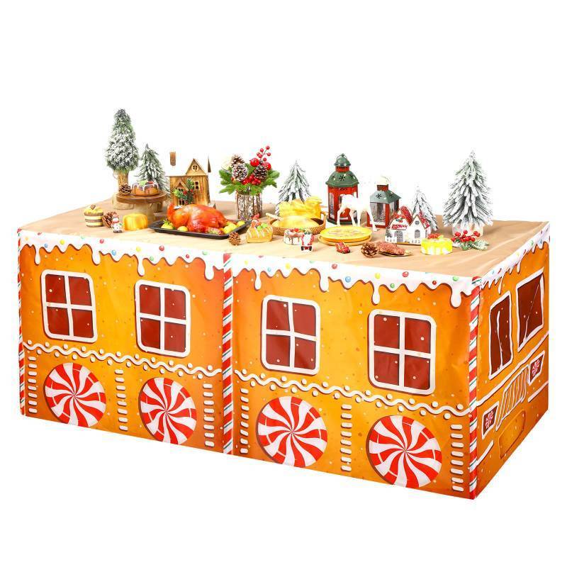 lot 15179 image: Oudain 6ft Christmas Rectangle Fitted Tablecloth Gingerbread Washable Xmas Table Cover Polyester Reusable Tablecloth for Christmas Winter Holiday Party Decoration Dining Supply - Retail $24