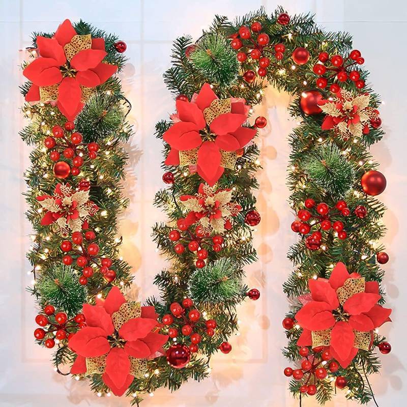 lot 15191 image: Christmas Garland,Christmas Garland with Lights Battery Operated,9 ft Rattan Artificial Flower Vine Plants Xmas Decorations for Indoor Outdoor Home Mantel Fireplace Stairs - Retail $29