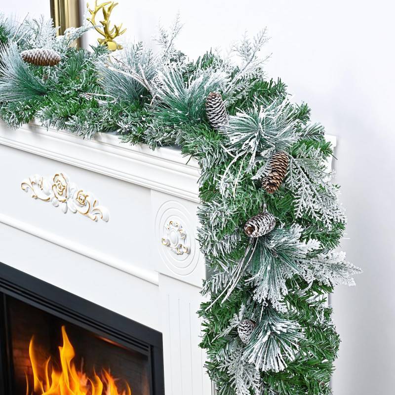 lot 15205 image: 6 FT Christmas Garland with Lights, Artificial Flocked Pine Garland for Mantle, Lighted Garland Real Touch Norfolk Pine with Frost Leaves Pinecones for Indoor Outdoor Christmas Decorations