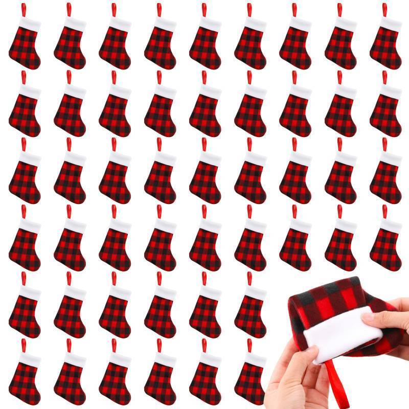 lot 15221 image: BBTO 48 Pieces Plush Cuff Christmas Mini Stockings 7 Inch Buffalo Plaid Hanging Stockings Xmas Candy Holder Tableware Holders (Red and Black) - Retail $34
