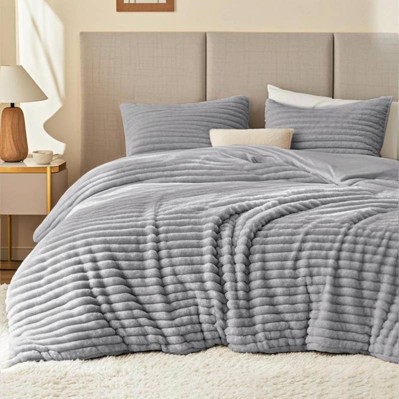 lot 60568 image: EXQ Home Fluffy Comforter Set King Size - Super Soft Faux Fur Stripe Jacquard Comforter 3 Pieces, Light Gray Fleece Bedding Set,Winter Warm Bed Set,1 Comforter with 2 Pillowcases - Retail $53