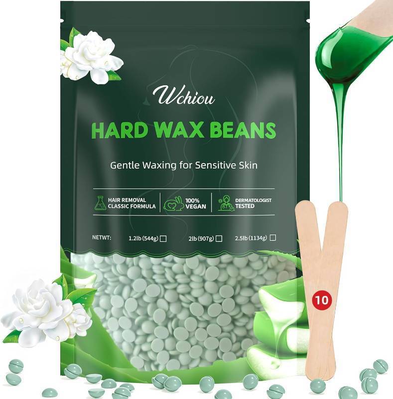 lot 8042 image: Wchiou Hair Removal Wax, 2lb Wax Beads for Sensitive Skin, With Pure Aloe Vera, For Face, Eyebrow, Leg, Bikini, Brazilian Waxing, Coarse Body Hair Specific