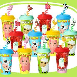 lot 5428 image: AFZMON 24 Sets Farm Animal Party Favors Goodie Cups With Lids and Silly Straws Bulk, Farm Birthday Decorations for Kids Barnyard Bags Stuffers Gifts