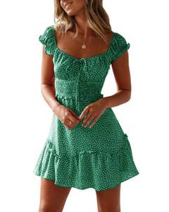 lot 5468 image: YOBECHO Womens Summer Ruffle Sleeve Sweetheart Neckline Printing Dress Mini Dresses Green Large