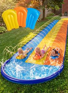 lot 5475 image: Sloosh Triple Water Slide with 3 BodyBoards, 22.5FT Lawn Water Slip Splash Pad Slide Summer Toy with Build in Advanced Sprinkler for Kids Adults Backyard Summer Water Fun