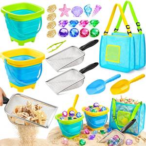 lot 5485 image: DISHIO Beach Toys for Kids, 24 Pcs Metal Sand Sifter & Collapsible Beach Buckets Set, Stainless Steel Sand Shovel, Sandcastle Building Kit with Mesh Bag, Travel Sand Toys for Toddlers Age 3-10