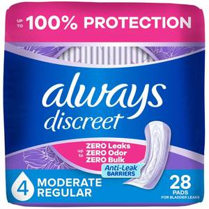 lot 5506 image: Always Discreet Adult Incontinence Pads for Women, Moderate Absorbency, Regular Length, Postpartum Pads, Up to 100% Bladder Leak Protection, 28 Count
