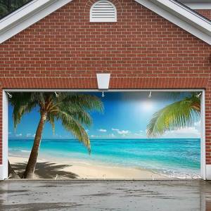 lot 5519 image: 7x16 FT Tropical Beach Garage Door Banner - Palm Tree & Ocean Art, Large Indoor Outdoor Cover,Summer Vacation Decor for Home,Yard, Pool Party