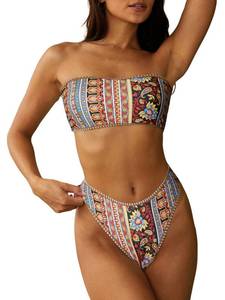 lot 5536 image: ZAFUL Women Strapless Textured Bandeau Bikini 2 Piece Swimwear Cheeky Solid Lace up Bathing Suits(3-Brown Print,L)