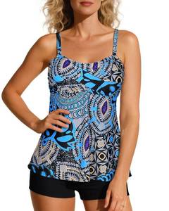 lot 5537 image: Century Star 2024 Two Piece Womens Tankini Swimsuits Modest Tankini Bathing Suit Tops with Shorts Tummy Control Swimwear Blue Printing 14-16