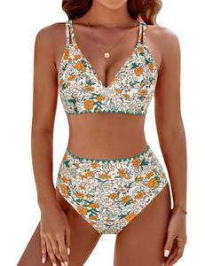 lot 5539 image: BMJL Womens Bikini Sets V Neck High Waisted Swimsuits Shell Stitched Cheeky Two Piece Bathing Suit(L,Black)