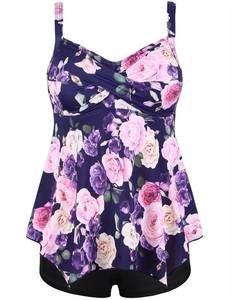 lot 5541 image: Septangle Halter Tankini Swimsuits for Women Two Pieces V Neck Bathing Suit for Tummy Control Loose Fit Modest Swimwear Twist Front Tankini Swim Top with Swim Bottom, Purple&Pink Floral, US 12