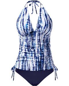 lot 5543 image: Talisea Two Piece Halter Tankini Swimsuits for Women Tummy Control Bathing Suits V Neck Swimwear Blue Tie Dye Large